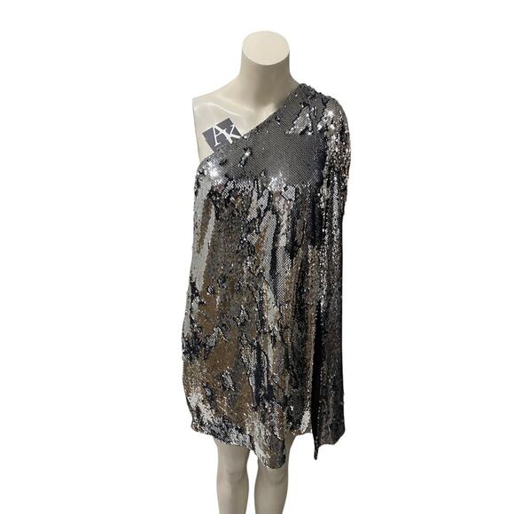 REISS Eva Cape Sequin Mini Silver One Shoulder Dress US 8 - Picture 4 of 11